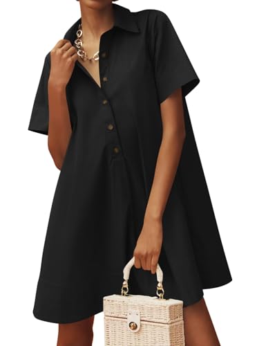 Womens Button Down Shirt Dress Oversized Casual Short Sleeve Collared V Neck Summer Mini Dresses