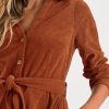 Womens Fall Winter Corduroy Midi Dress Long Sleeve V Neck Button Down Belted Flowy Shirt Dress with Pockets
