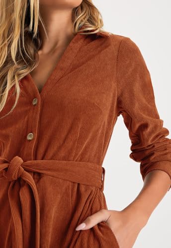 Womens Fall Winter Corduroy Midi Dress Long Sleeve V Neck Button Down Belted Flowy Shirt Dress with Pockets