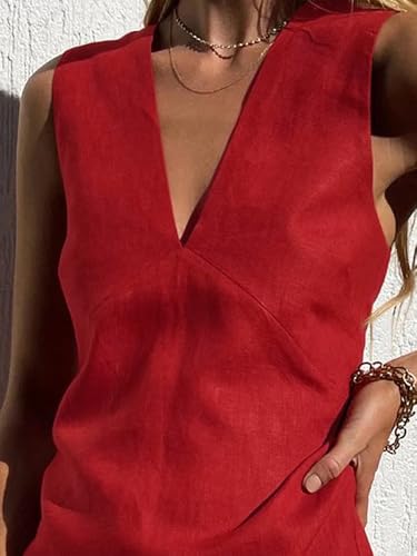 Women's Summer Sleeveless Mini Dress Cotton Linen V Neck Cinched A Line Slim Tank Short Dress