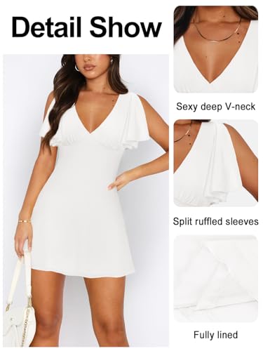 Women's Sexy Deep V-Neck Ruffle Sleeve Mini Dresses Summer Casual Bodycon Beach Cocktail Party Club Short Dress
