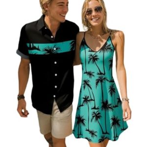 Couple Matching Hawaiian Outfits Palm Tree Print Vacation V Neck Dress or Men's Short Sleeve Button Up Shirt
