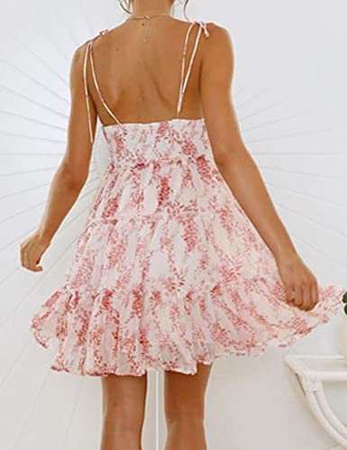 Womens 2025 Summer Floral Mini Dress Boho Flowy Skater Dresses Short Sleeveless Ruffle Spaghetti Strap Dress