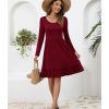 Women Casual Long Sleeve Knee Length Dresses Round Neck Pleated Fall Dress with Pockets 2024