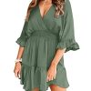 Womens V Neck Casual Dresses Summer Loose High Waist Ruffle Pleated Cute Mini Short Dress