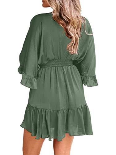 Womens V Neck Casual Dresses Summer Loose High Waist Ruffle Pleated Cute Mini Short Dress