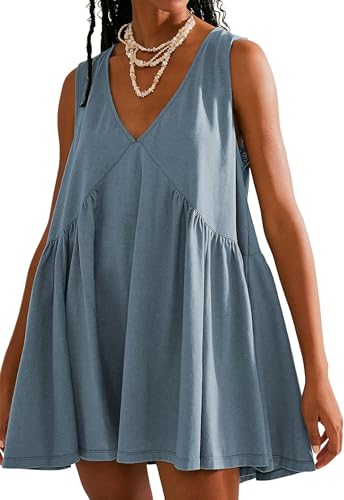 Sleeveless Mini Dress for Women 2025 Summer Casual V Neck Sundress Loose Babydoll Dress with Pockets