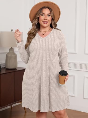 Plus Size Sweater Dress for Women Tshirt Fall Dresses Winter V Neck Long Sleeve Pockets Casual Party Loose Fit