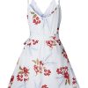 Women Dress Summer V Neck Mini Floral Print Swing Dress Sleeveless Spaghetti Strap Skater Dresses with Belt