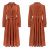 Womens Fall Winter Corduroy Midi Dress Long Sleeve V Neck Button Down Belted Flowy Shirt Dress with Pockets