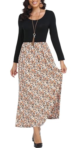 416SEDueTmL.jpg Women's Long Sleeves Maxi Dress Plain Empire Waist Casual Dress Loose Fall/Winter Dresses with Pockets
