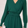 Womens Wrap V Neck Fall Dresses Wedding Guest Casual Pleated Long Sleeve Midi Dress Ruffle Smocked Long Dress