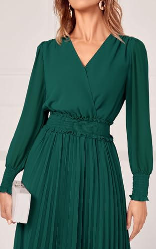 Womens Wrap V Neck Fall Dresses Wedding Guest Casual Pleated Long Sleeve Midi Dress Ruffle Smocked Long Dress