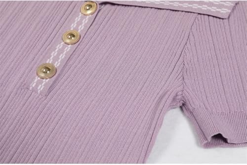 Women Summer Short Sleeve Blue Turn Down Collar Mini Daily Knitted Sweater Dress