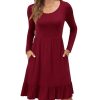 Women Casual Long Sleeve Knee Length Dresses Round Neck Pleated Fall Dress with Pockets 2024