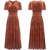 Women's Fall Winter Vintage Velvet Dress Short Sleeve V Neck Elastic Waist Tiered Ruffle A-Line Flowy Maxi Dress