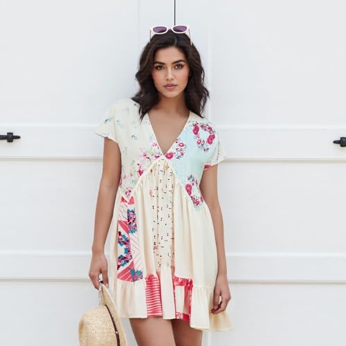 Women??s Boho Mini Dress Y2k Floral Print Deep V-Neck Puff Sleeve Short Dress 2025 Summer Loose Beach Sundress