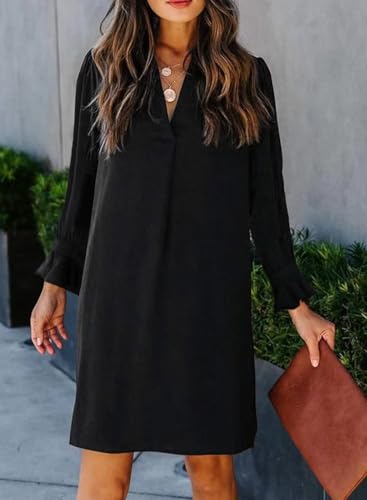 Fall Dresses for Women 2025 Casual V Neck Long Sleeves Flowy Mini Tunic Dress