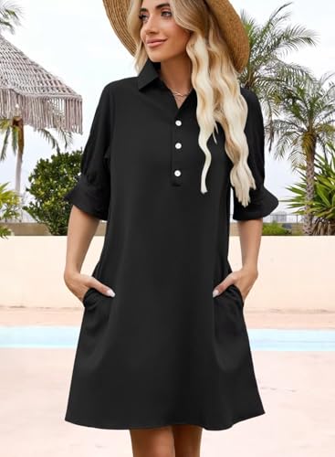 Womens Summer Shirt Dress 2025 Casual Ruffle Short Sleeve Button Down Flowy Swing Shift Mini Dresses with Pockets