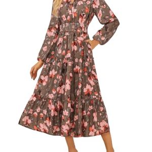 Women Floral Maxi Dress,2025 Fall Long Sleeve Casual Dresses,V Neck Boho Flowy Elegant Dress with Pockets