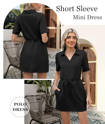 2025 Casual Summer T Shirt Dress for Women Drawstring Short Sleeve V Neck Mini Shift Dresses with Pockets