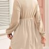 Womens Fall Dresses 2025 Casual V-Neck Long Sleeve Empire Waist Waffle Knit Mini Dress with Pockets