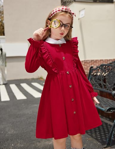 Toddler Fall Winter Sweater Dress Ruffle Long Sleeve Ribbed Knit Button Down Casual Dresses with Pockets