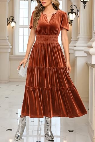 Women's Fall Winter Vintage Velvet Dress Short Sleeve V Neck Elastic Waist Tiered Ruffle A-Line Flowy Maxi Dress