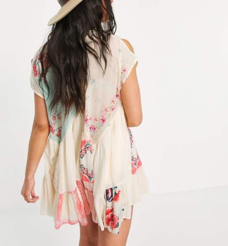 Women??s Boho Mini Dress Y2k Floral Print Deep V-Neck Puff Sleeve Short Dress 2025 Summer Loose Beach Sundress