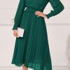 Womens Wrap V Neck Fall Dresses Wedding Guest Casual Pleated Long Sleeve Midi Dress Ruffle Smocked Long Dress