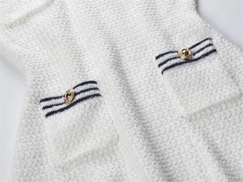 Women Summer Knitted Short Sleeve Striped Turn Down Collar White Mini Sweater Dress