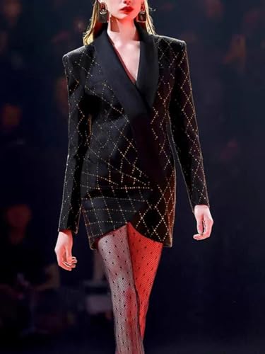 Women's Hot Fix Crystal Mini Dress, V-Neck Long Sleeve Patchwork Fold Detail Dress