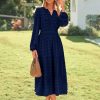 Womens Long Sleeve Fall Long Dress Swiss Dot Maxi Wedding Guset Dress Boho V Neck Casual Dress with Pockets