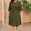Women's Plus Size Dresses Casual 3/4 Ruffle Sleeve Crew Neck Twist Knot Wrap Slit Hem Dress with 1 Pocket