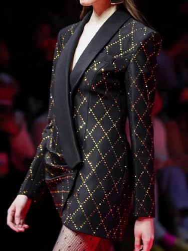 Women's Hot Fix Crystal Mini Dress, V-Neck Long Sleeve Patchwork Fold Detail Dress