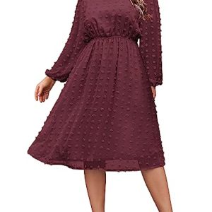 Women's Plus Size Swiss Dot Long Sleeve Chiffon Dress Flowy High Waist A Line Ruffle Babydoll Midi Dresses 16W-24W