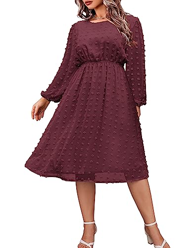 Women's Plus Size Swiss Dot Long Sleeve Chiffon Dress Flowy High Waist A Line Ruffle Babydoll Midi Dresses 16W-24W