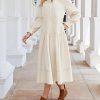 Women's Fall Winter Corduroy Maxi Dress Casual Long Sleeve Ruffle Mock Neck Flowy Vintage Dresses