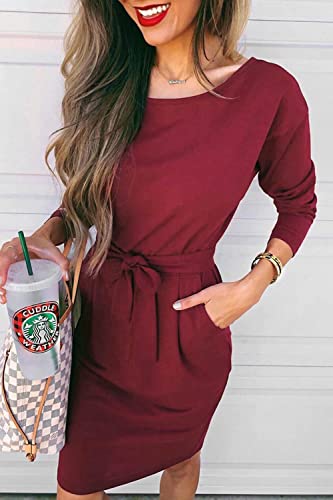 Women's Fall Bodycon Party Dress Casual Long Sleeve Tie Waist Fitted Sheath Pencil Dresses with Pockets