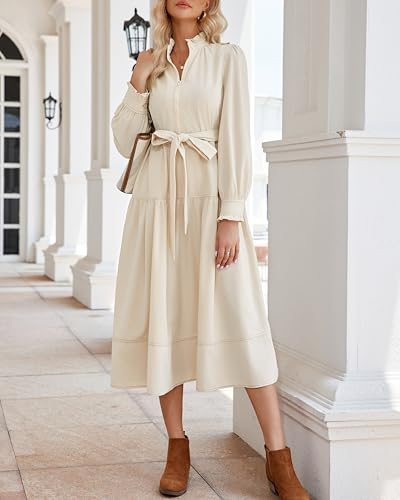 Women's Fall Winter Corduroy Maxi Dress Casual Long Sleeve Ruffle Mock Neck Flowy Vintage Dresses