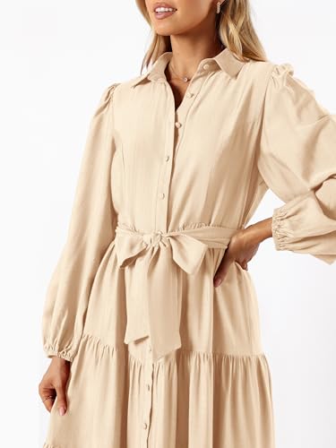 Womens Dresses 2025 Fall Long Sleeve Midi Dress Casual V Neck Button Down Tiered Flowy Aline Tie Waist Shirt Dress