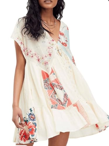 Women??s Boho Mini Dress Y2k Floral Print Deep V-Neck Puff Sleeve Short Dress 2025 Summer Loose Beach Sundress