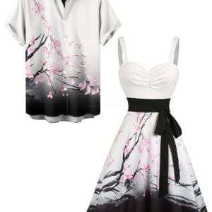 Couple Matching Hawaiian Outfits Plum Blossom Print Women's Floral Mini Dress or Men's Button Up Shirt Outfit