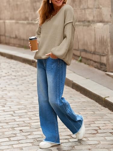 Womens Oversized V Neck Sweaters Chunky Knit Lantern Long Sleeve Fall Winter Slouchy Tunic Sweater Tops