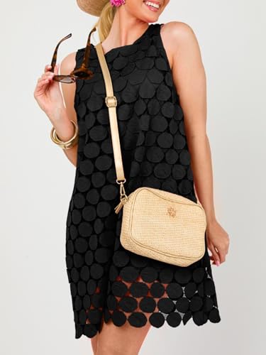 Womens Summer Hollow Out Mini Dress Casual Sleeveless Scoop Neck Boho Short Beach Dresses