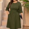 Women's Plus Size Dresses Casual 3/4 Ruffle Sleeve Crew Neck Twist Knot Wrap Slit Hem Dress with 1 Pocket