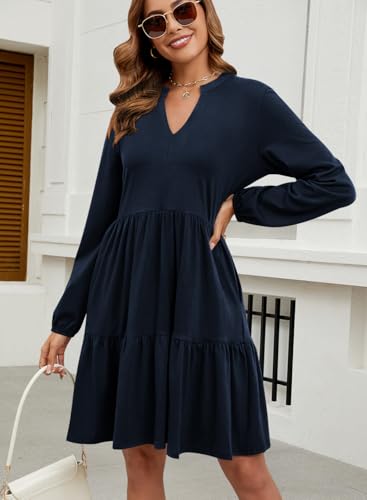 Women Fall Tunic Dress 2025 V Neck Casual Tiered Long Sleeve with Pockets A-Line Swing Mini Babydoll Dress