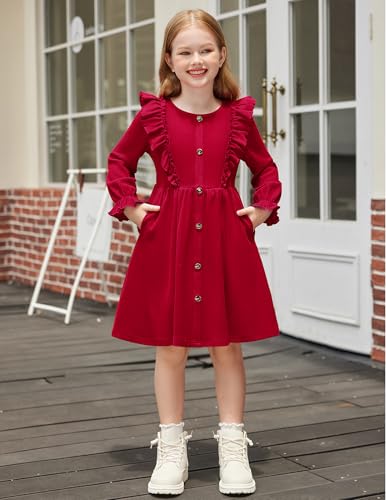 Toddler Fall Winter Sweater Dress Ruffle Long Sleeve Ribbed Knit Button Down Casual Dresses with Pockets