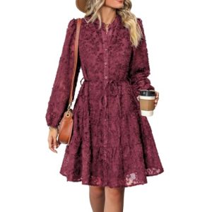 Womens Long Sleeve Fall Dresses 2024 Button Up Empire Waist with Belt A-Line Mini Dress Casual Fall Winter Dress