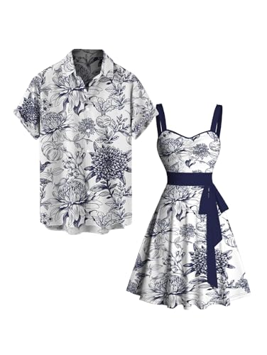 Matchable Couples' Hawaiian Outfit Porcelain Style Floral Print Men's Shirt Or Women's Belted Mini Dress